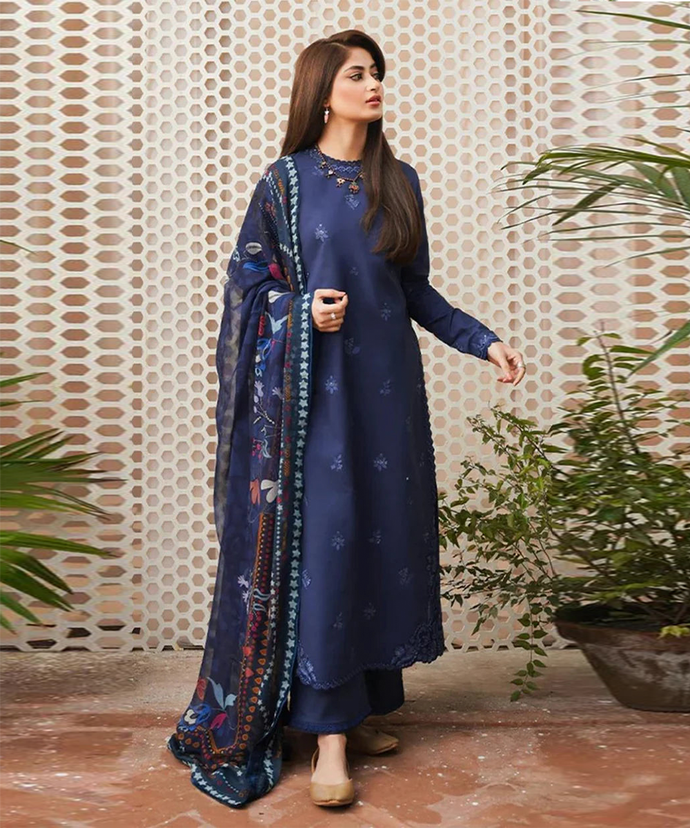 SERAN 3PC Dhanak Embroidered Shirt with Printed Wool Shawl – ZC666