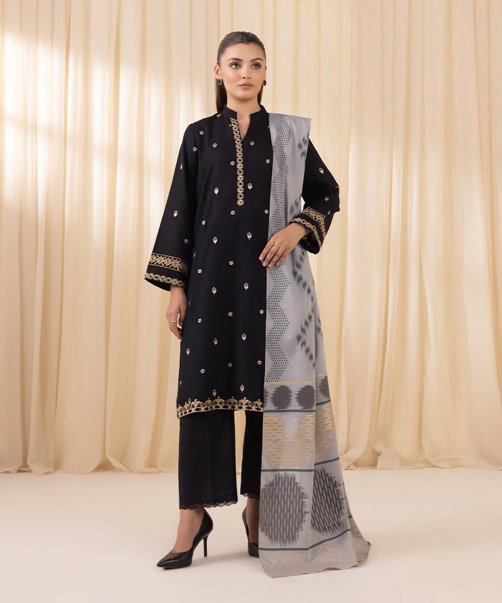 Sapphire 3PC Dhanak Embroidered Shirt with Digital Printed Shawl – ZC150