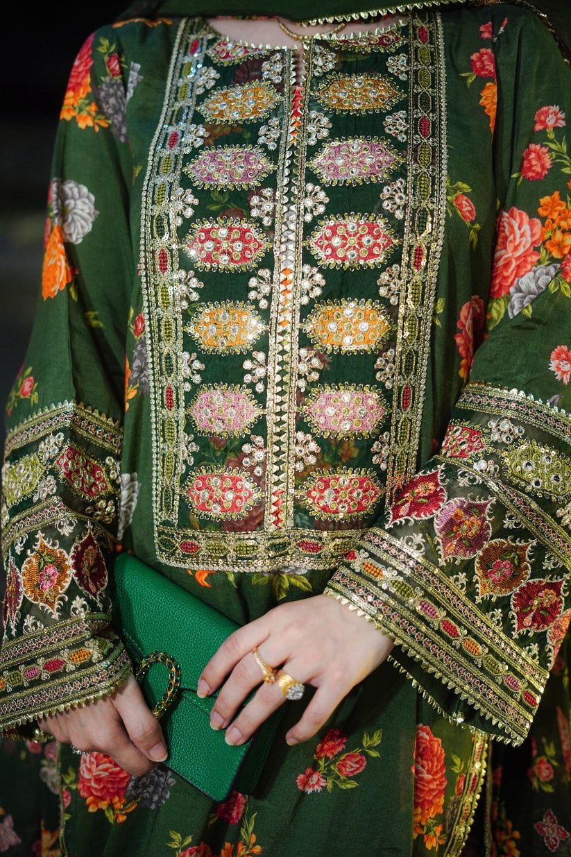 ZARI's | LUXURY MULTI DIGITAL PRINTED SILK DRESS WITH FULL HEAVY MULTI THREAD EMBROIDERED SEQUENCE WORK | UNSTITCHED 3-PIECE SUIT - 007