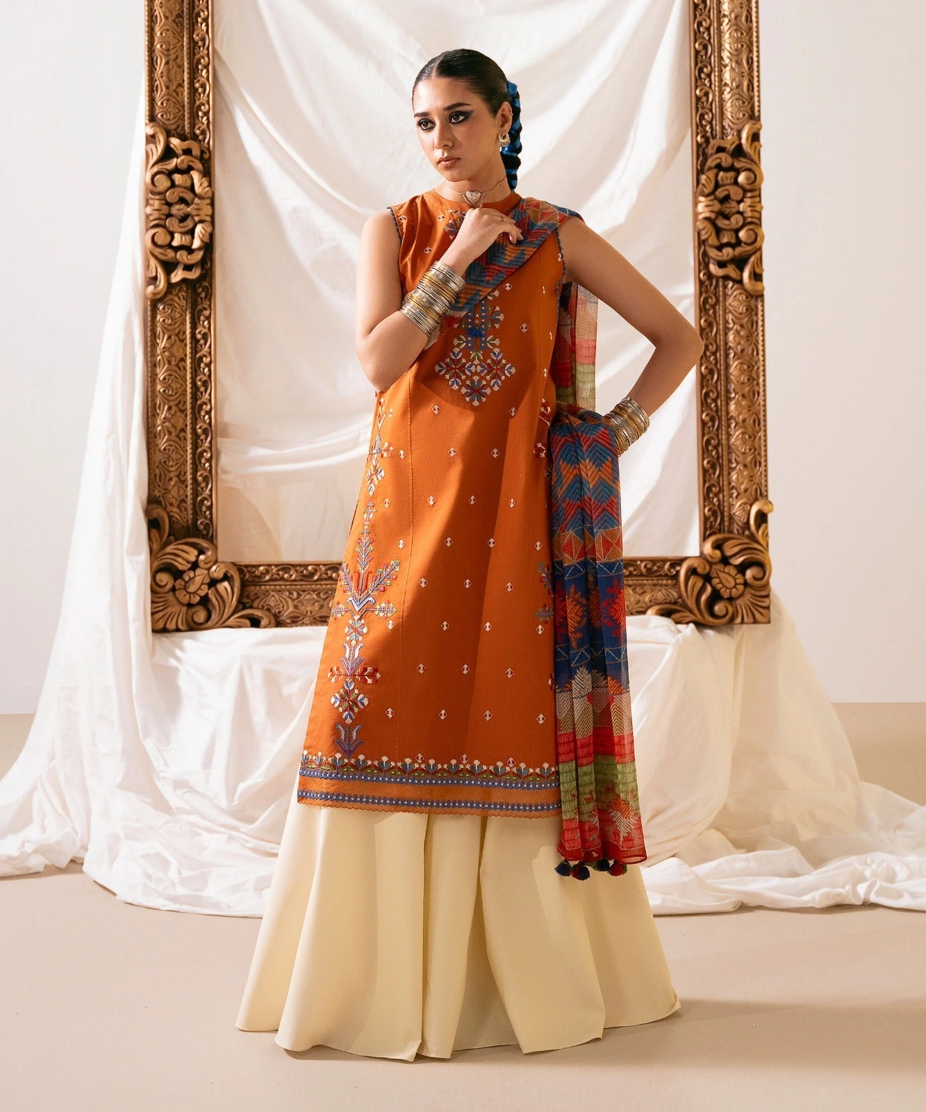 Dhanak-3PC Embroidered Shirt with Digital Printed Wool Shawl -3436