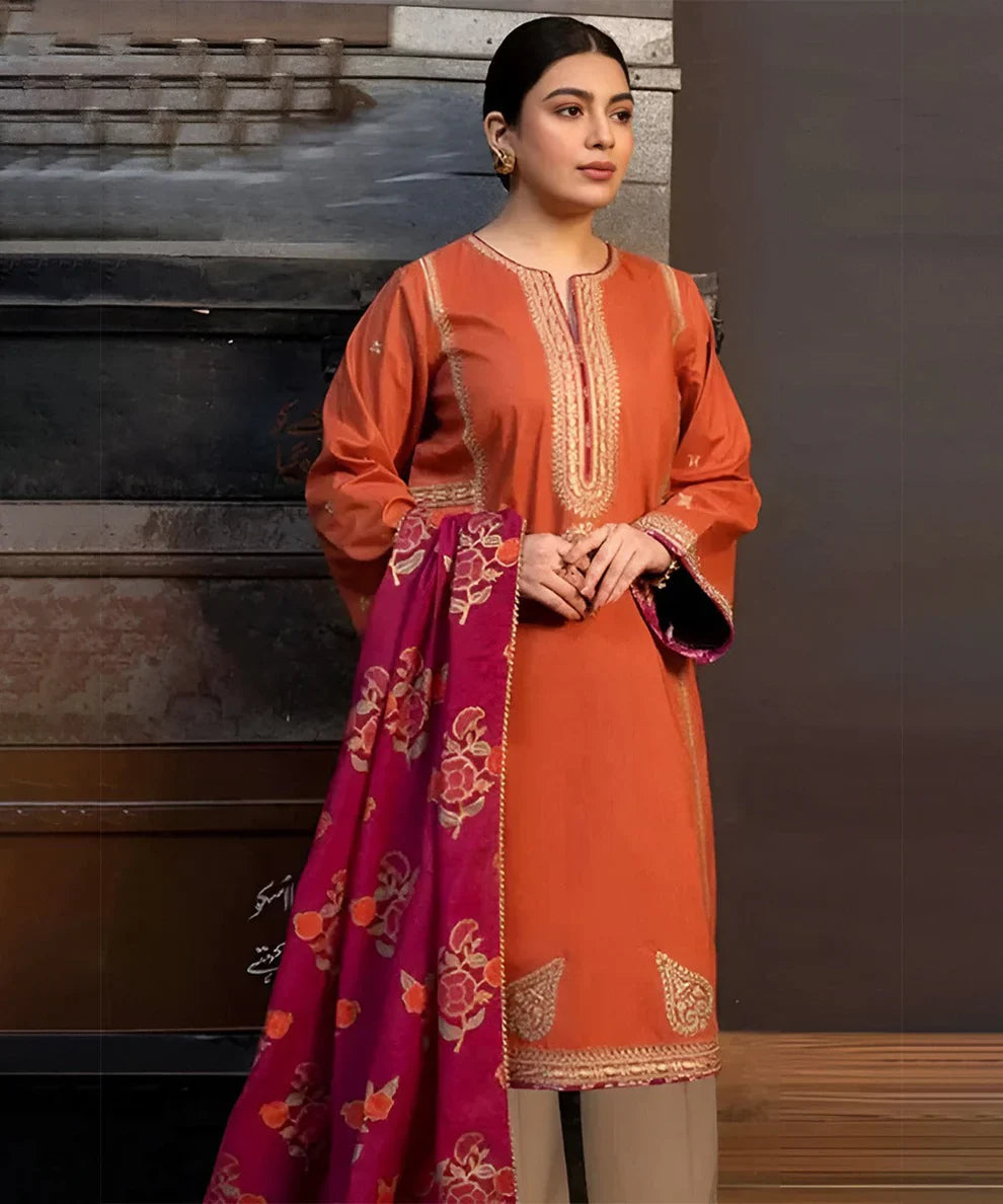 Zara Shahjahan 3PC Dhanak Embroidered Shirt with Digital Printed Shawl – ZC691