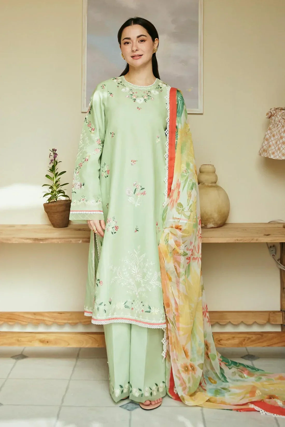 Dhanak 3PC Embroidered Shirt with Digital Printed Wool Shawl – ZC3238
