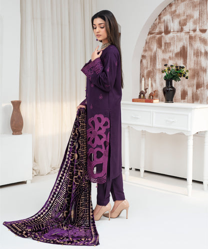 Dhanak 3PC Chikankari Embroidered Shirt with Velvet Plachi Shawl – ZC2108