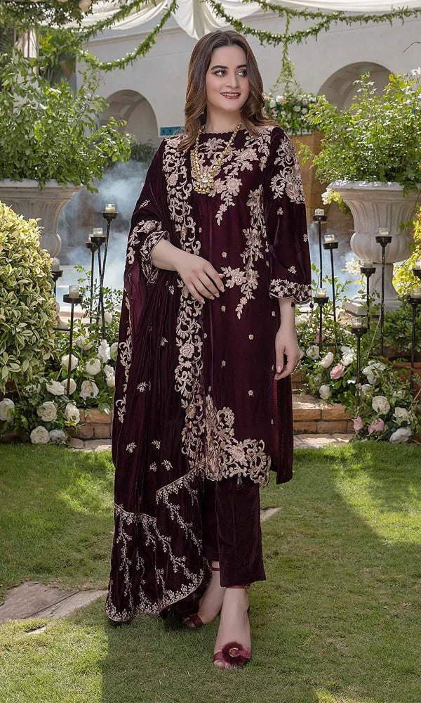 Velvet-3pc Embroidered with Velvet Embroidered Dupatta-955