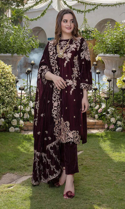 Velvet-3pc Embroidered with Velvet Embroidered Dupatta-955