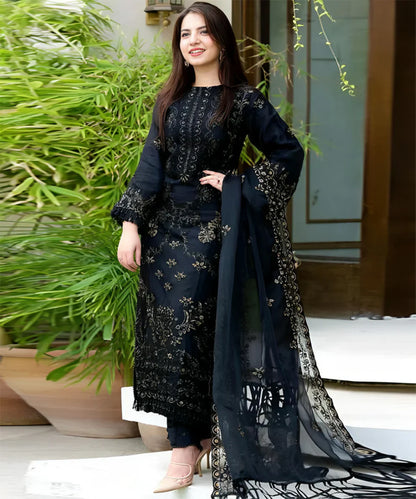 Black Linen 3PC Embroidered Ensemble – ZC842