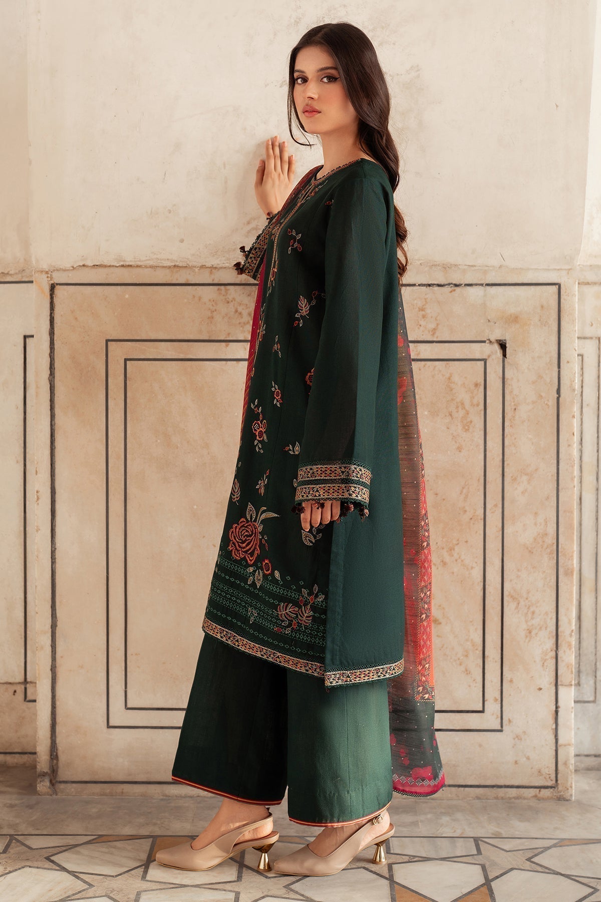 JAZMIN-3PC Dhanak Embroidered Shirt With Digital Printed Shawl-133