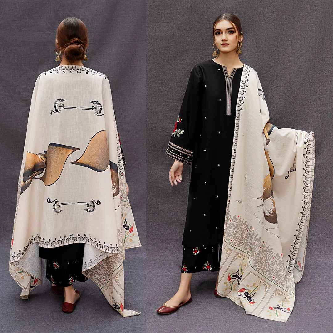 Dhanak 3PC Embroidered Shirt with Digital Printed Wool Shawl – ZC167