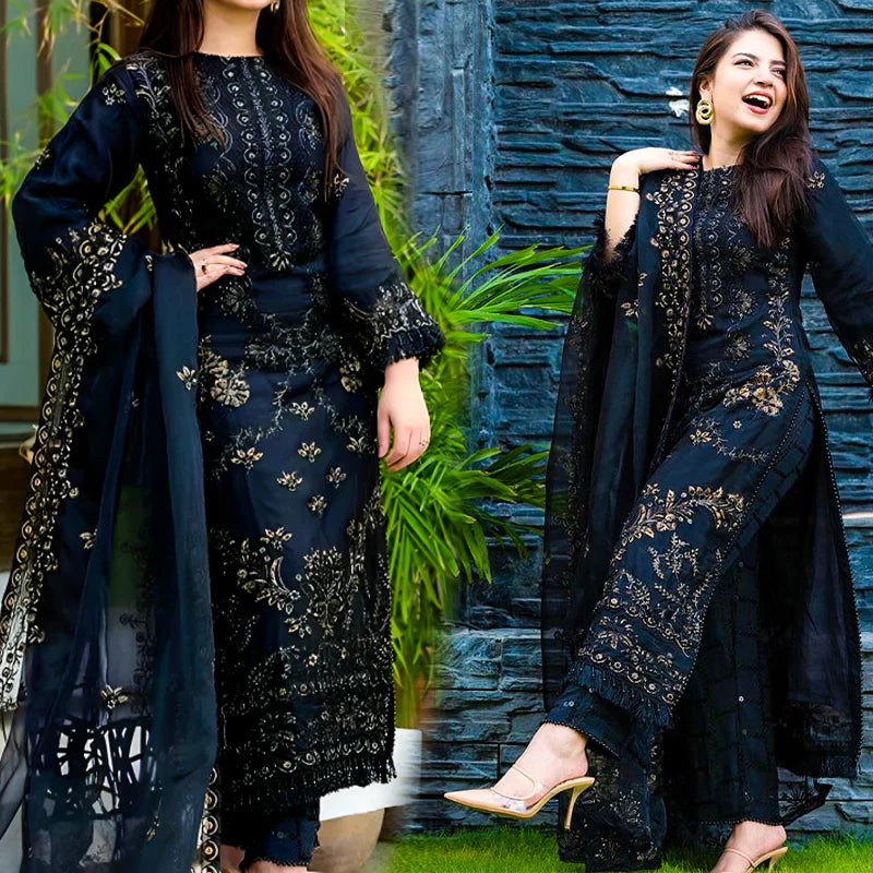 Black Linen 3PC Embroidered Ensemble – ZC842