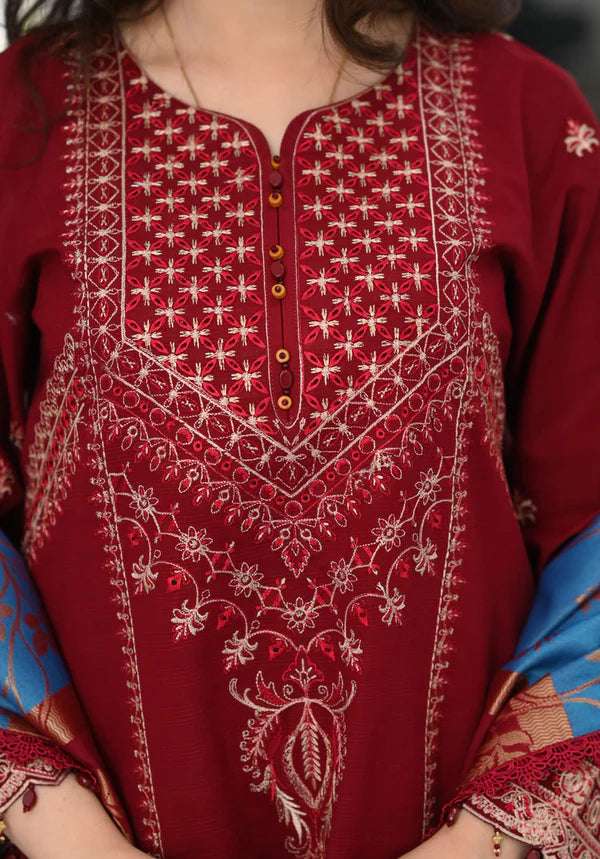 Dhanak-3PC Embroidered Shirt with Digital Printed Wool Shawl - 3527