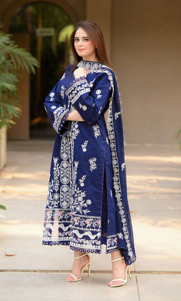 Dhanak-3PC Embroidered Shirt with Chiffon Embroidered Dupatta-3460