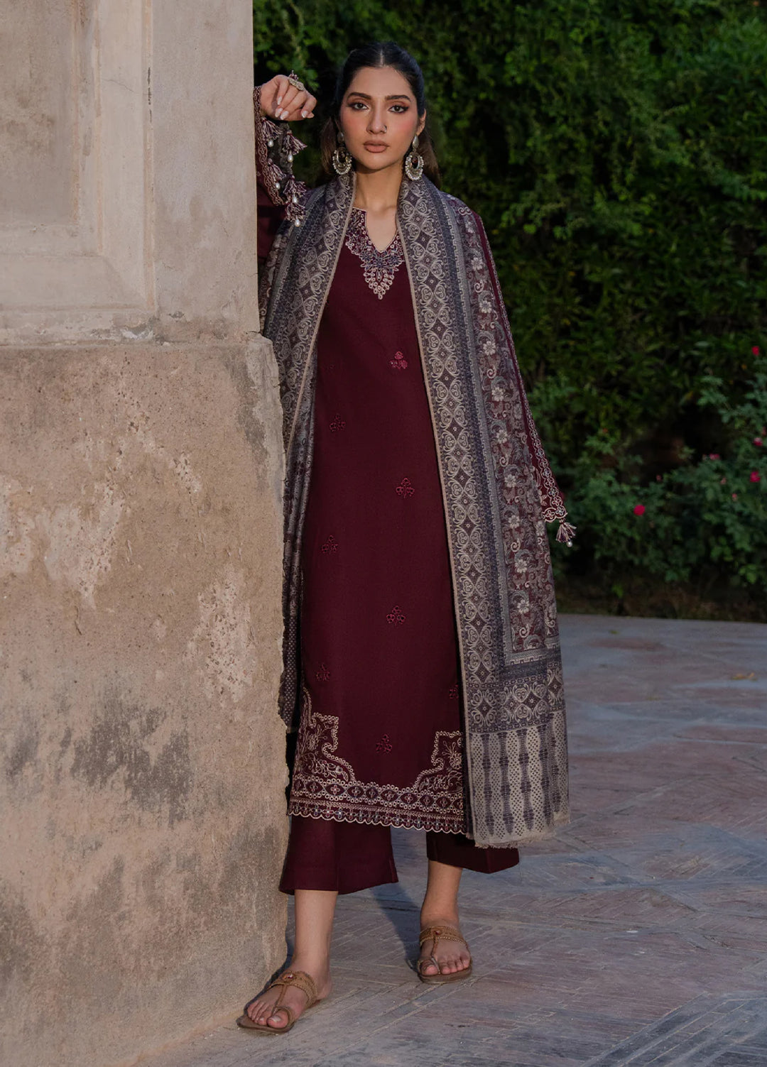 Dhanak-3PC Embroidered Shirt with Digital Printed Wool Shawl - 3537