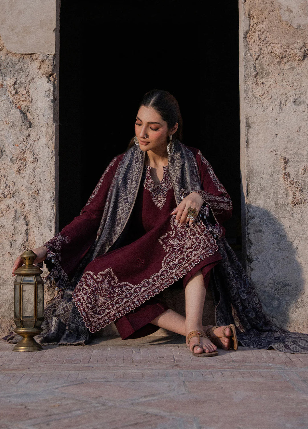 Dhanak-3PC Embroidered Shirt with Digital Printed Wool Shawl - 3537