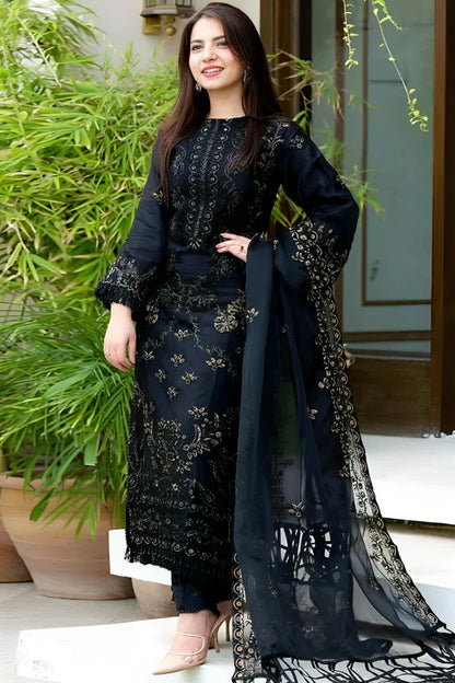 Black Linen 3PC Embroidered Ensemble – ZC842