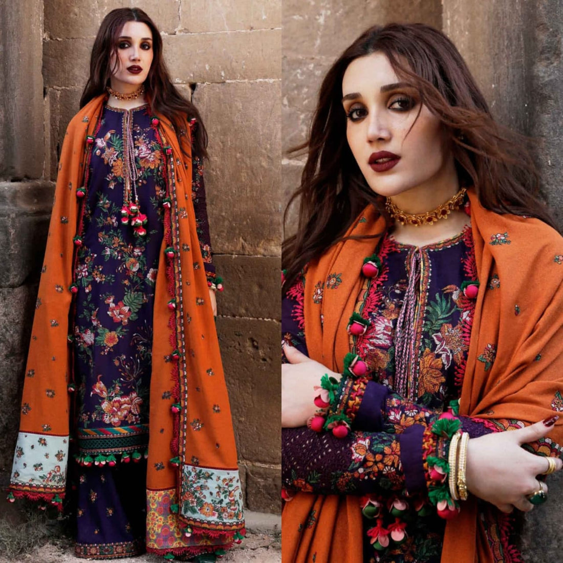 Dhanak Luxe 3PC Embroidered Shirt with Embroidered Shawl – ZC1304