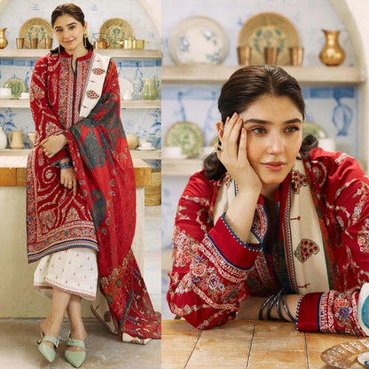Dhanak 3PC Embroidered Shirt with Digital Printed Wool Shawl – ZC659