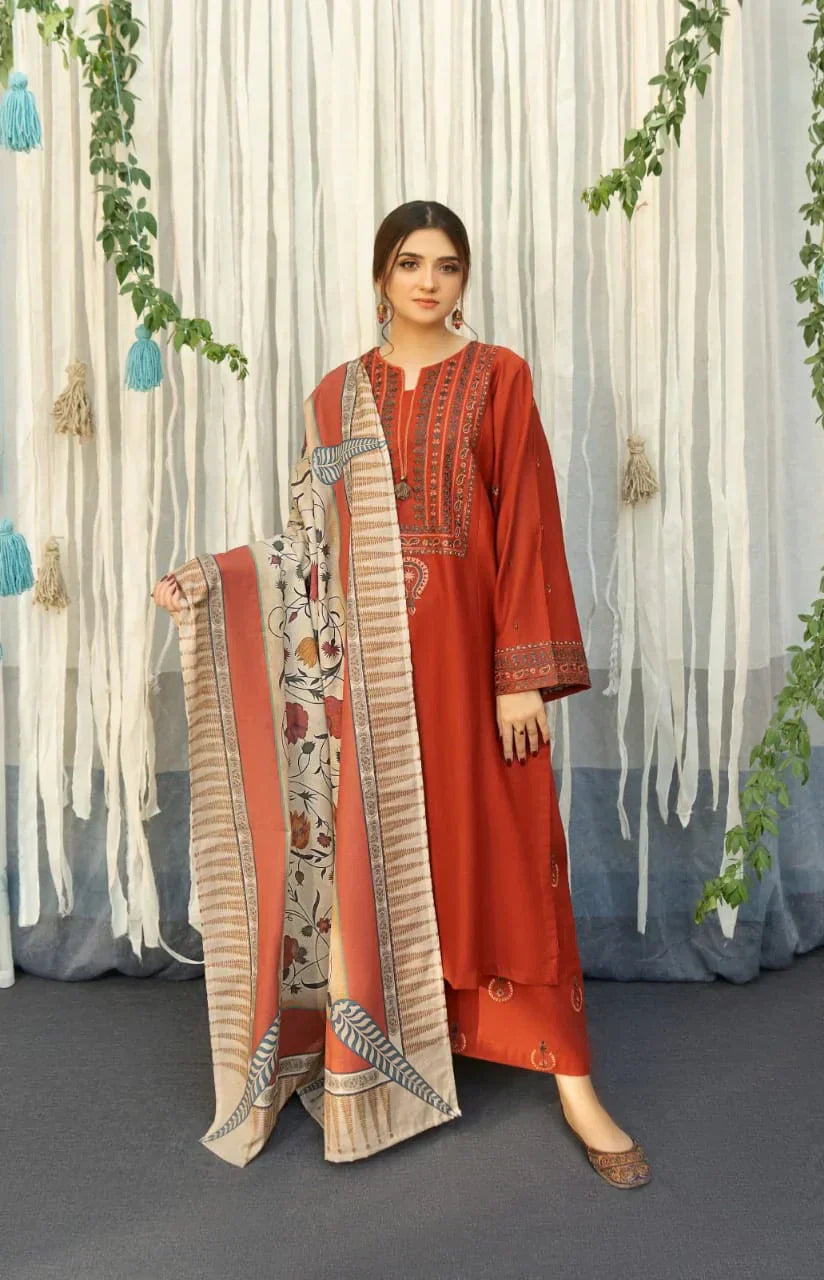 URGE 3PC Dhanak Embroidered Suit with Digital Printed Shawl – ZC651